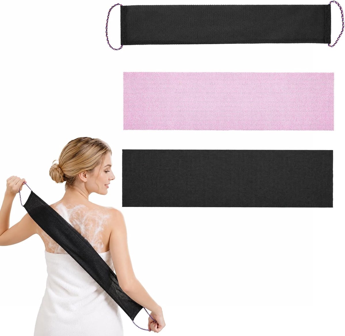 SnelShoppen - 3 Stuks Afrikaanse Netspons, Herbruikbare Peelingspons, Duurzaam Nylon Douchehanddoek voor Vrouwen en Mannen - Zwart en Roze, Perfect vo