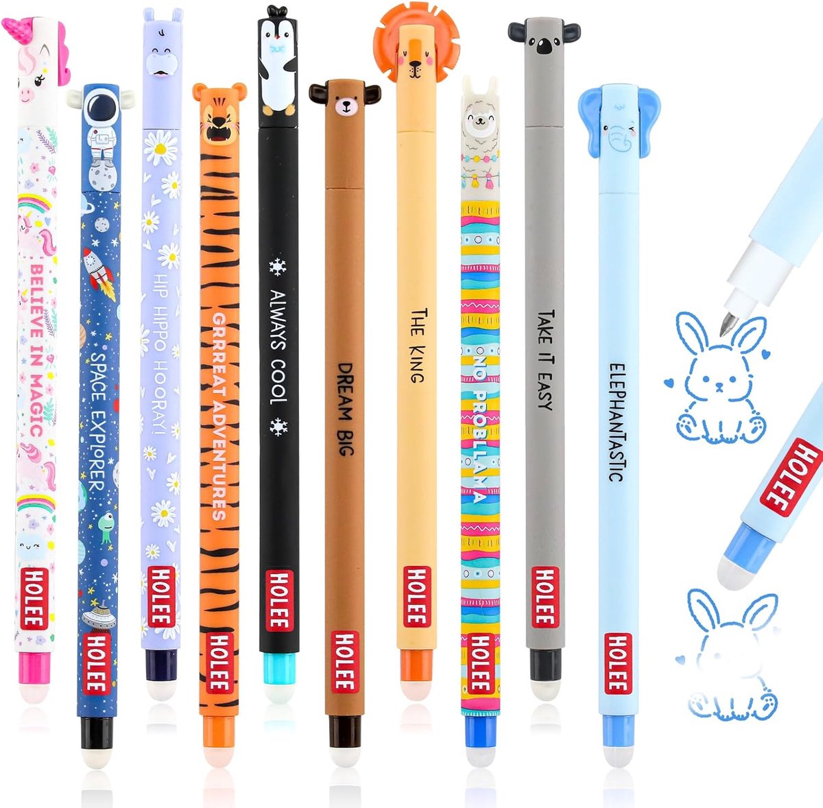 SnelShoppen - Set van 10 Gell Pens - Erasable Ink met Gum - 0.7mm - Glad Blauwe Inkt - Ideaal voor School en Kantoor - Dier Motief