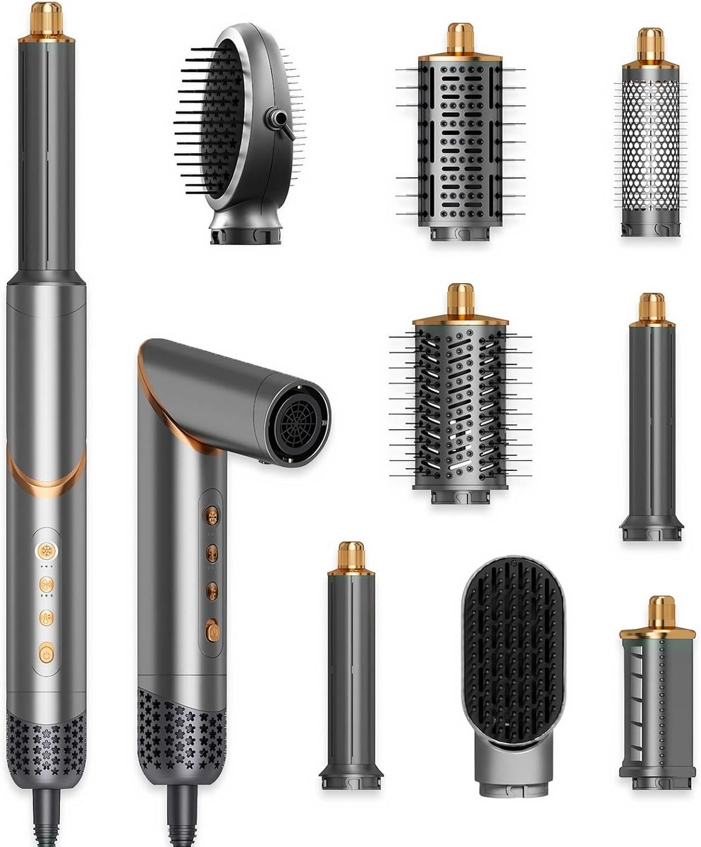 SnelShoppen - 8-in-1 Haardroger Borstelset - Lichte Styling Tool met Automatische Krultang, Föhn, Ronde Borstel, Steilborstel, Diffuser - Voor Krullen