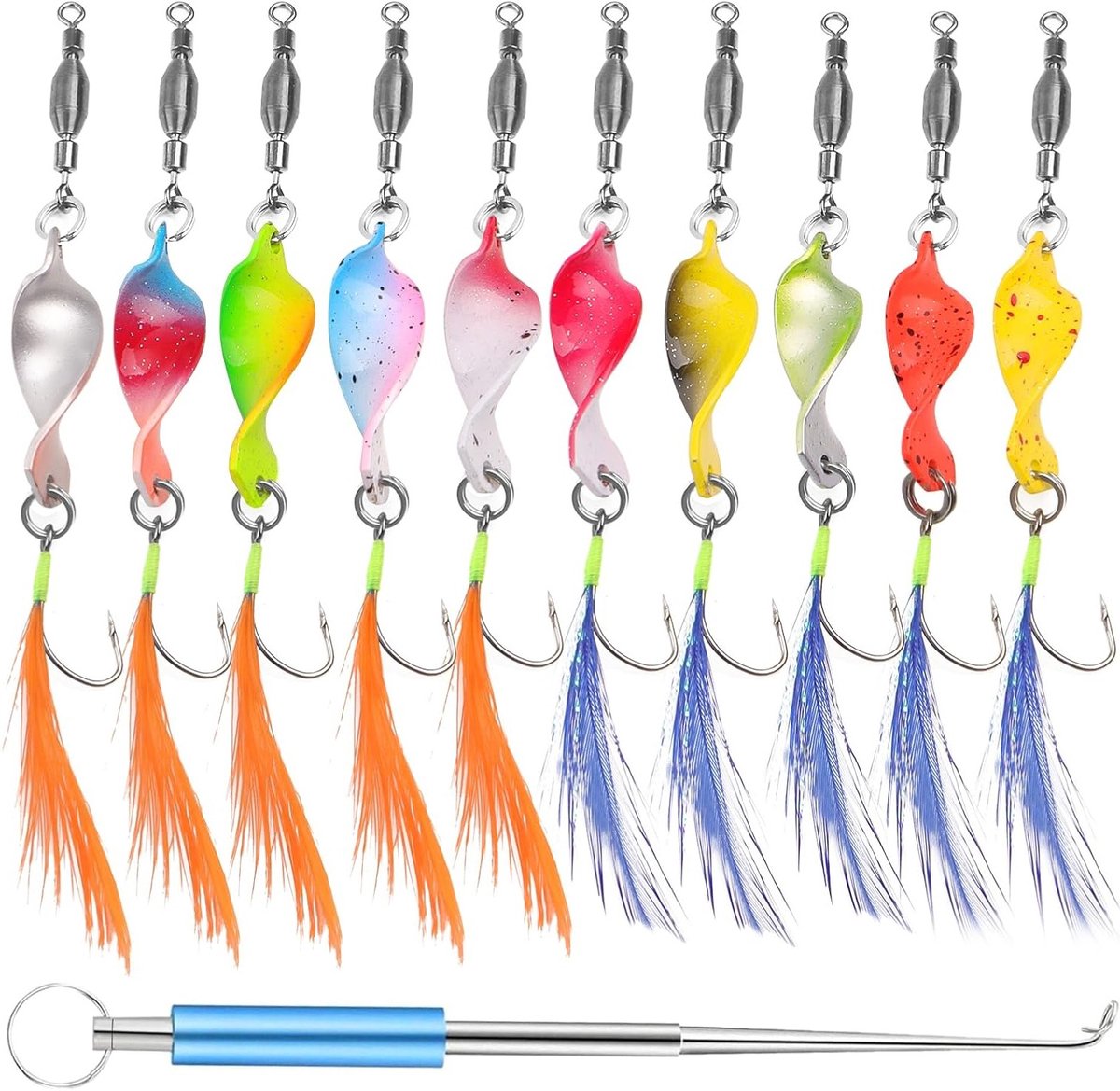 10pcs Twist Trout Spoon Set, Single Hook Flashing Light Trout Bait, Spoon Spinner Trout Set, Spoons Trout Twist Fishing Bait, Spoons Trout Mea Twist with Hook Remover, UV Active 3g