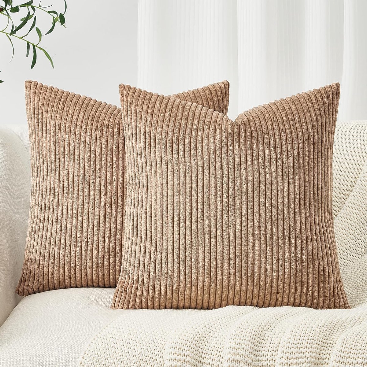 SnelShoppen - Set van 2 Decoratieve Kussenhoezen 40 x 40 cm, Bruin Corduroy Velvet met Gestreept Patroon, Sofa Kussens, Kinderkamer, Huisdecoratie