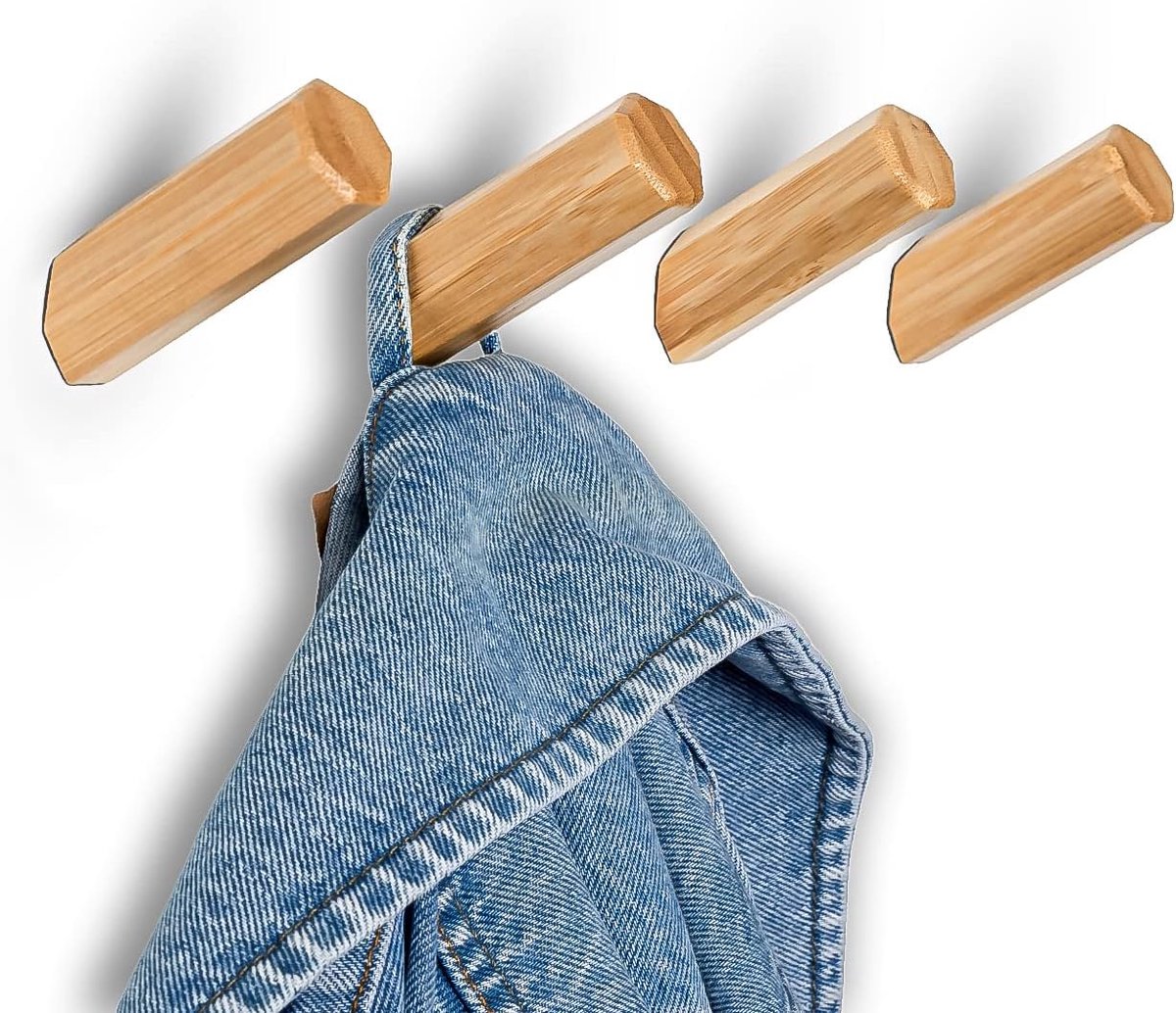 SnelShoppen - Set van 4 Houten Wandhaken van Bamboe in Scandinavisch Ontwerp, 100% Natuurlijk Materiaal, Robuuste Kwaliteit, Inclusief Montagekit voor
