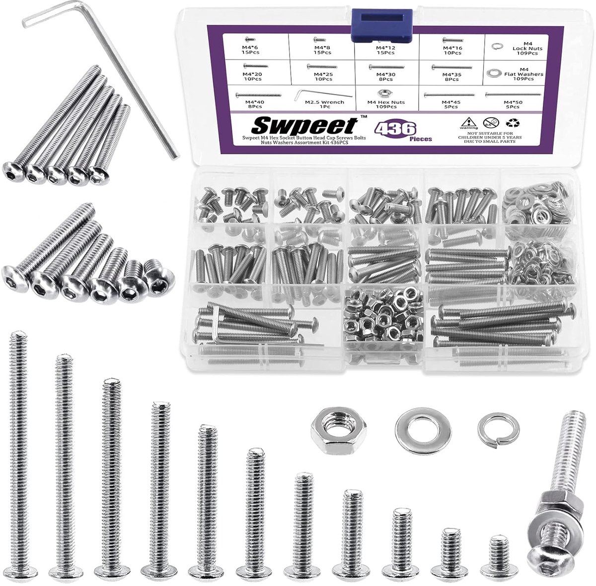 SnelShoppen - 436Pcs M4 RVS Button Head Hex Socket Cap Schrauben en Moeren Set met Vlakke en Split Ringen - Assortiment Kit voor Klussen en DIY Projec