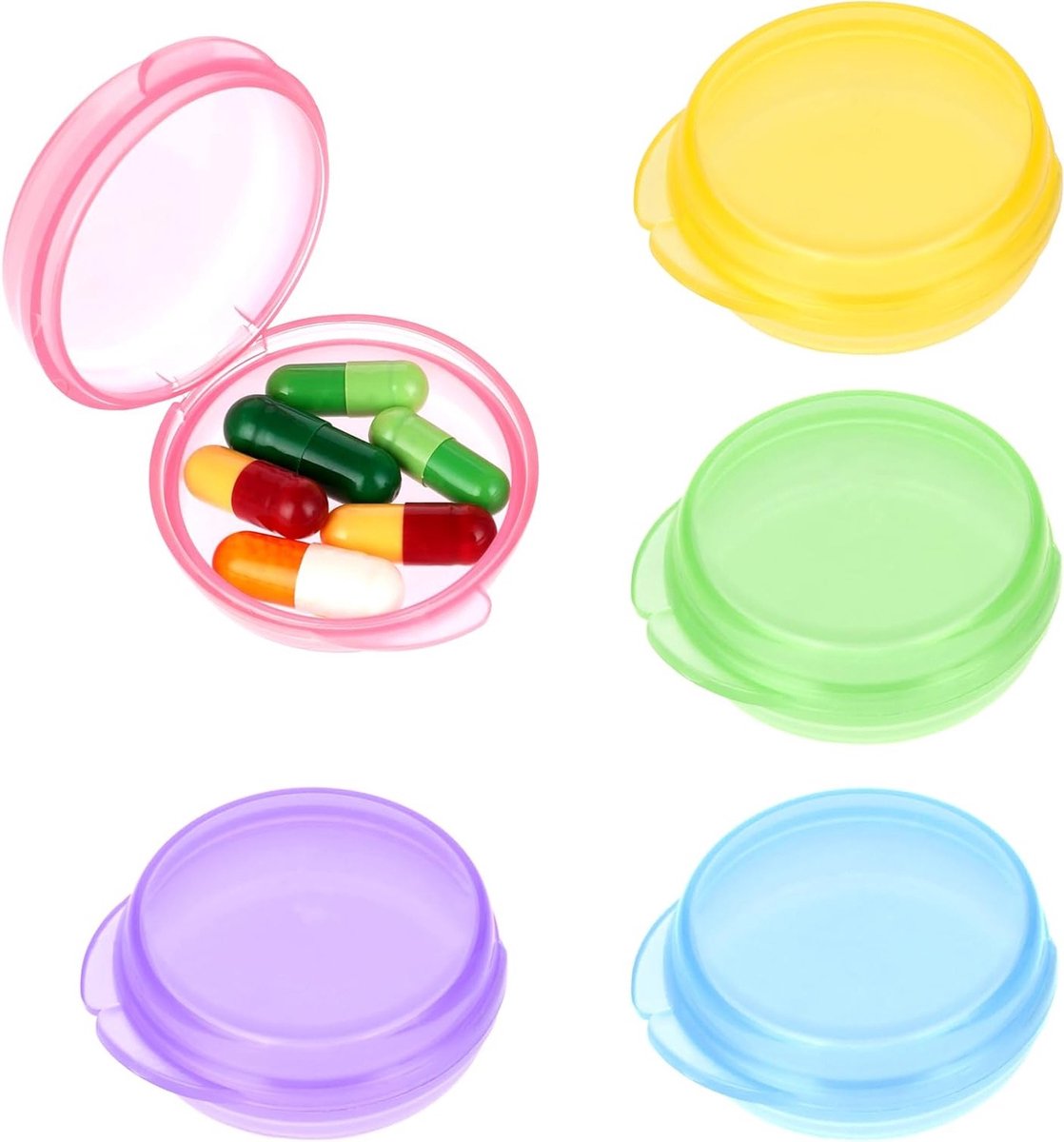 Compacte Pillen Organizer Set van 5 - Draagbare Mini Reisdoos voor Medicijnen, Vitaminen en Supplementen - Transparante Ronde Container voor Buitenactiviteiten