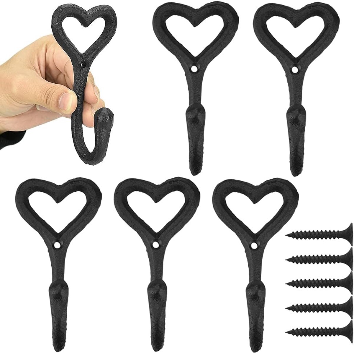 SnelShoppen - 5 Stuks Vintage Cast Iron Wandhaak - Sterke Metalen Kledinghaken voor Slaapkamer, Tuin, Kledingkast - Zwart Hartvormige Haak met 5 Schro