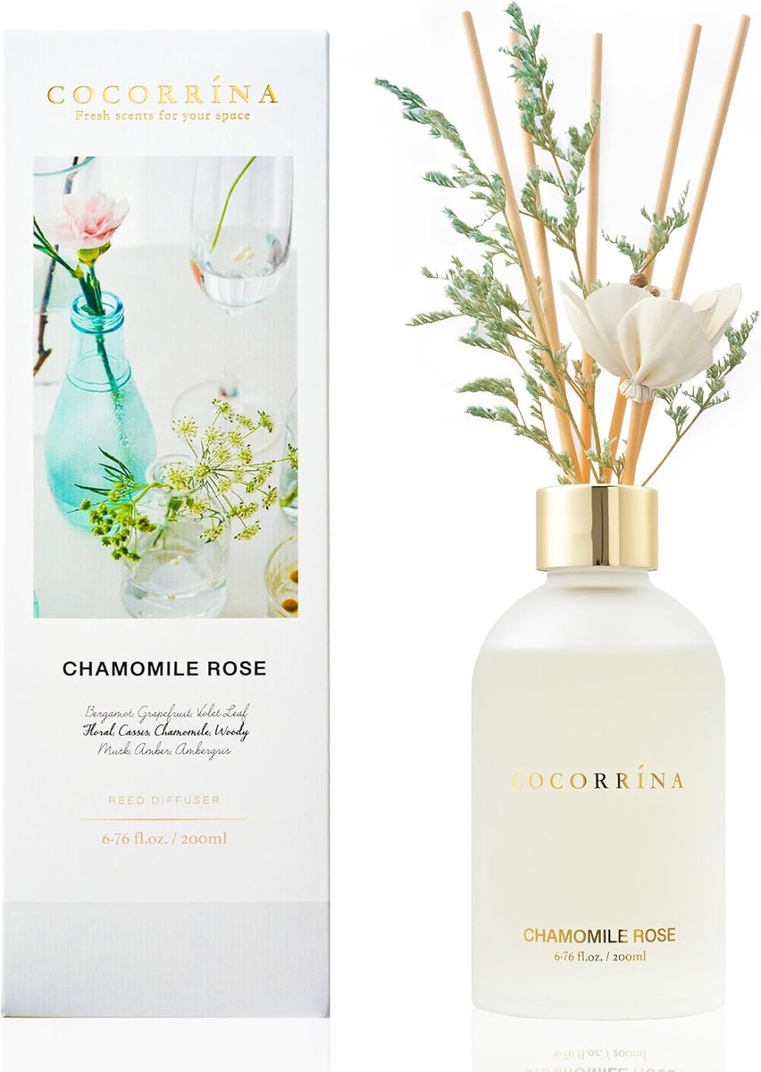 SnelShoppen - Geurverspreider met 8 Geurstokjes 200 ml - Kamille Rozen Geur - Wicker Diffuser voor Badkamer Decoratie - Luxe Geur voor Thuis