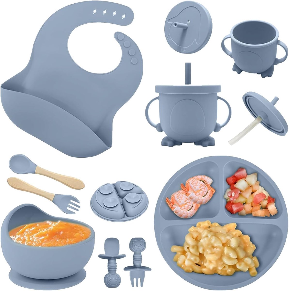 SnelShoppen - Vajilla Bebe 8-Piece Set - Siliconen Babybestek met Anti-Slip Design, Lepels, Vorken, Kommetjes, Slabbetjes, Drinkbekers, Blauw, Veilig
