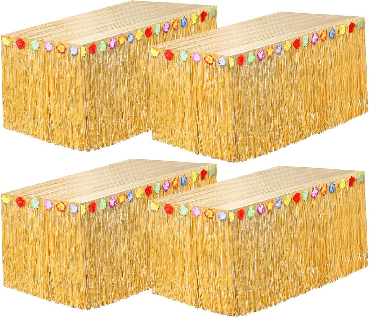 SnelShoppen - 4 Stuks Hawaii Tafelrok, Gras Tafelrok met Multikleuren Bloemen, Perfect voor Hawaii Feest, Tuin, Strand, Verjaardag, Tropische Party De