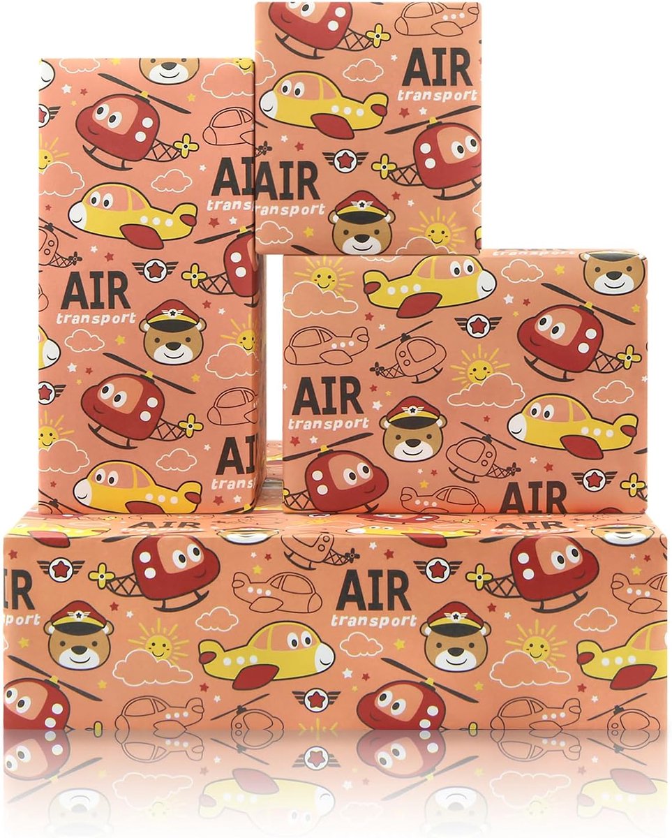 SnelShoppen - Helikopter Cadeaupapier, 4 Vellen Retro Luchttransport Inpakpapier voor Kinderen, Verjaardag, Babyshower, Kerstfeest, Schattige Helikopt