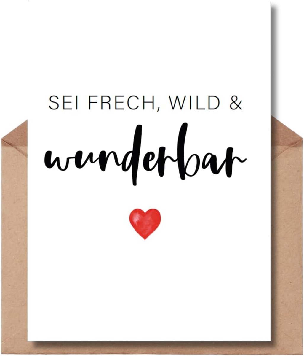 SnelShoppen - Postkaart met Envelop voor Geboorte - 'Du bist frech, wild and beautiful' - A6 Formaat - Hoge Kwaliteit - Met Kraftpapier Envelop - Perf