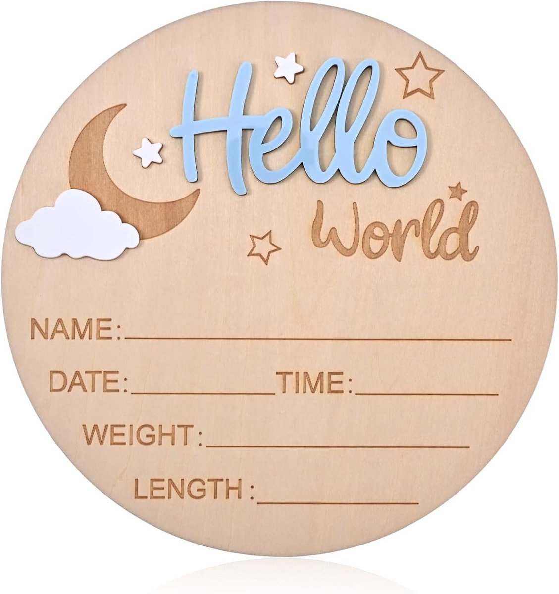 SnelShoppen - Baby Milpaal Cards - Houten Hello World Welkom Bord voor Pasgeborenen - Genderneutraal - Blauw - Perfect voor Kraamfeest en Herinneringe