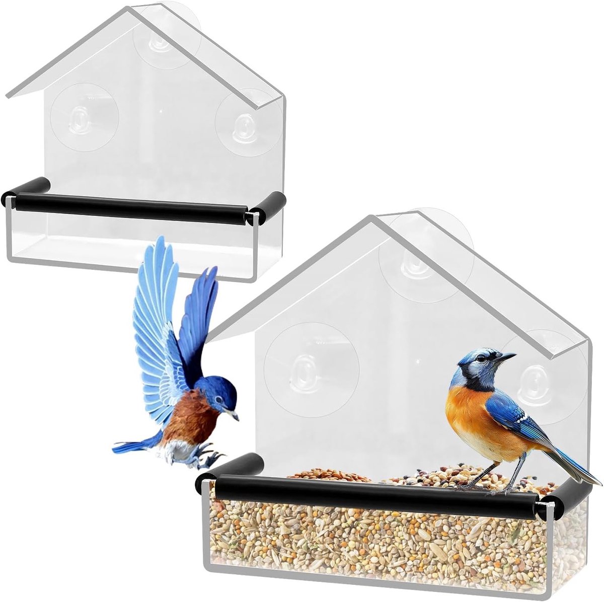 Transparante Vogelhuisjes voor Raam, Voederhuis voor Wilde Vogels met 3 Zuignappen, Ideaal voor Vinken, Kardinalen en Blauwe Vogels, Set van 2, 15 x 15 x 6,3 cm