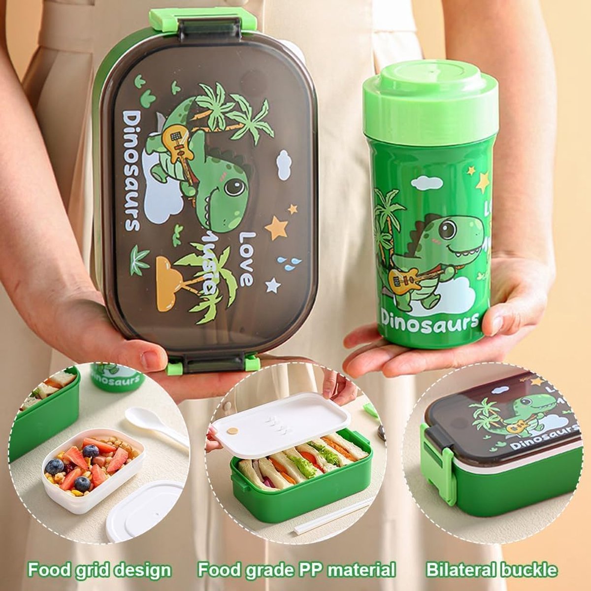 SnelShoppen - Brotdose met Fächern 900ML, Uitlaufsichtere Lunchbox voor Kinderen, Bento Box met Besteck en Drinkfles, Dinosaurier Motief, Stabil Dubbe