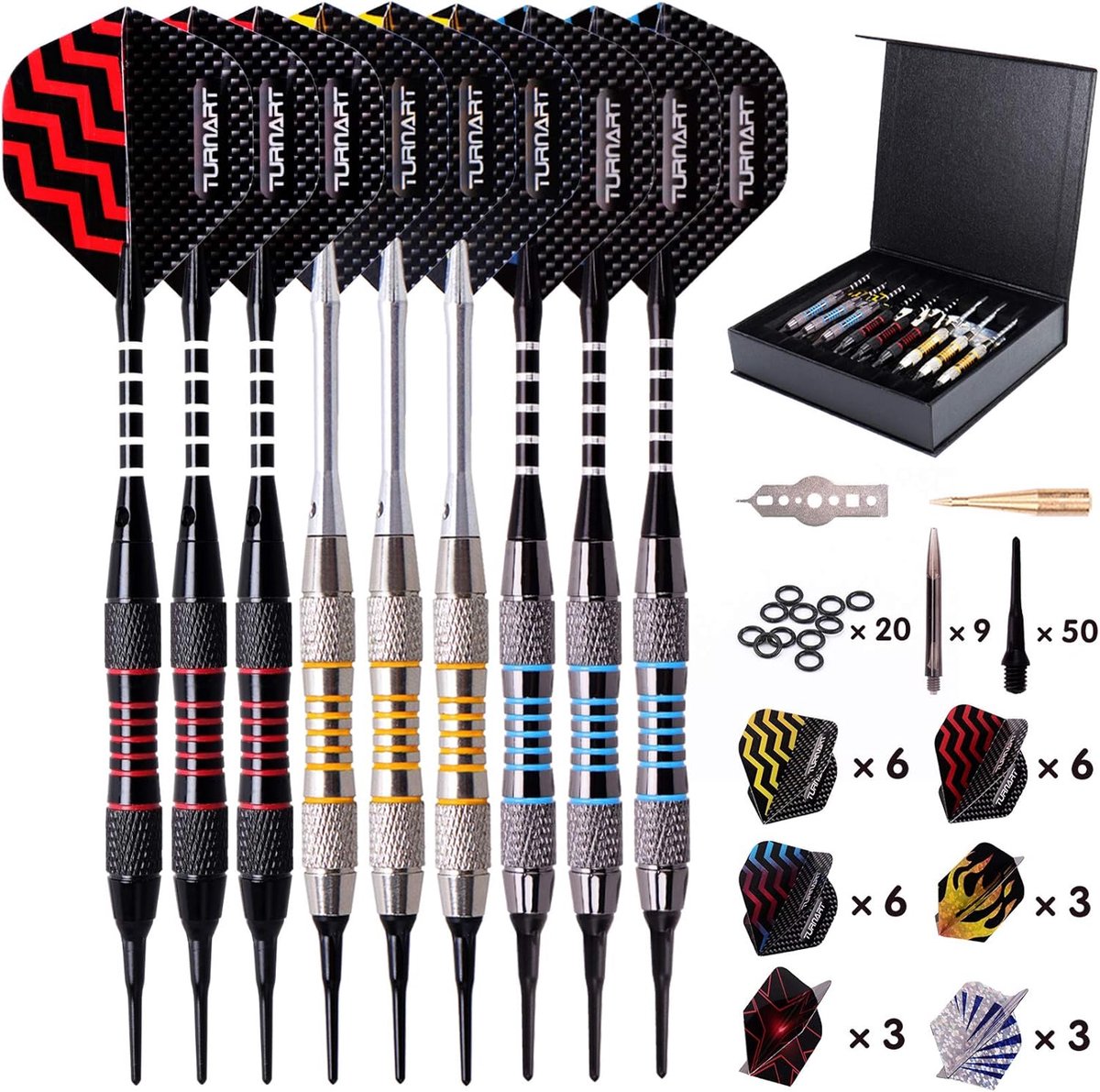 SnelShoppen - Plastic Dart Pijlen Set 9 Stuks 18g met 50 Plastic Dart Flights en 20 Rubber Ringen voor Elektronisch Doel, Perfect voor Feest en Spelle