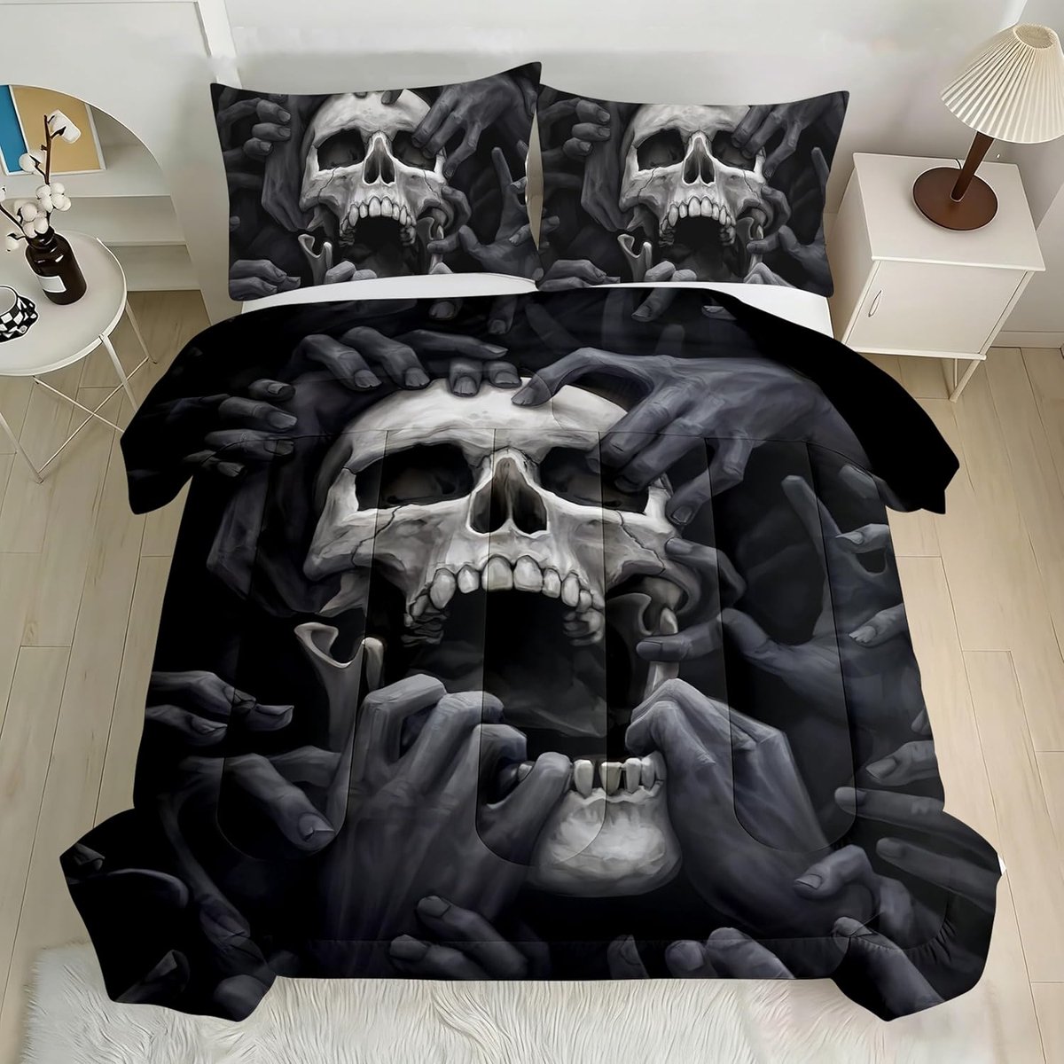 SnelShoppen - Duvet 135 x 200 cm All Year Skull Print - Lichtgewicht Microfiber Dekbed met 2 Kussenslopen 80 x 80 cm - Perfect voor Zomer en Winter