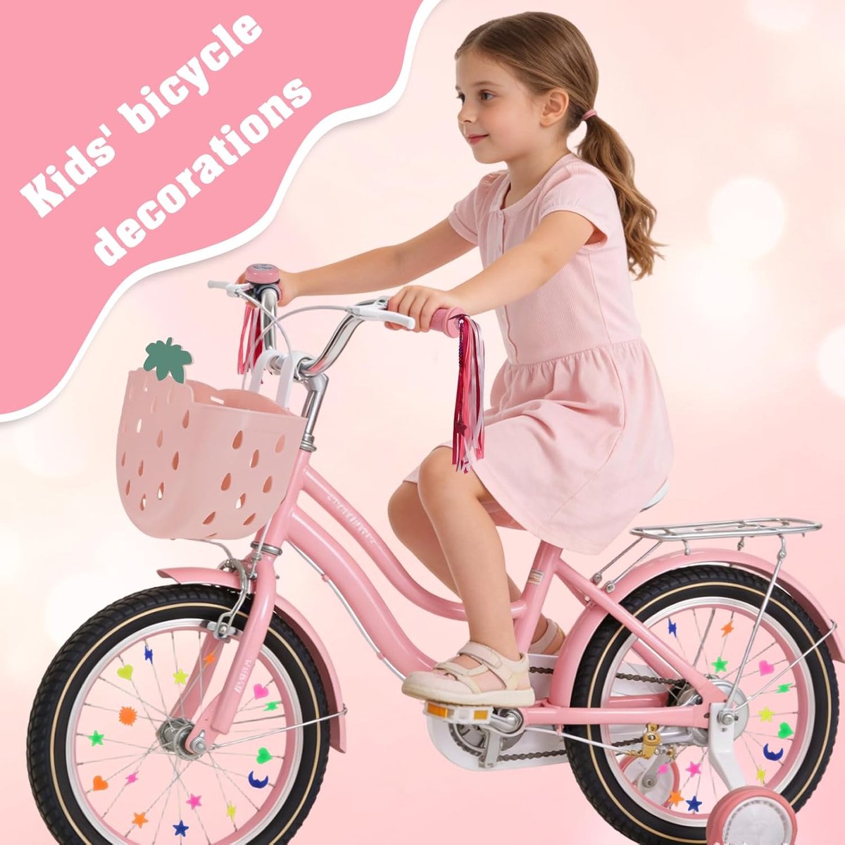 SnelShoppen - Complete Fietsmand Set voor Kinderen - Kunststof Mand, Grappige Fietsbel, Kleurrijke Stuurbanden & Spaakkralen - Fietsaccessoires voor F