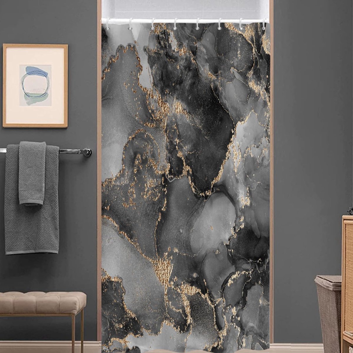 SnelShoppen - Marmer Douchegordijn 120x200cm - Modern Abstract Zwart Goud Grijs - Waterdicht Polyester Badkamer Gordijn met 8 Haken - Wasbaar en Duurz