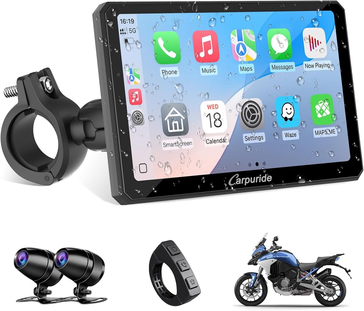 SnelShoppen - Carplay Scherm voor Motor met 1080P HD Dash Cam, 7 inch Waterproof Touch Screen, Draadloze CarPlay & Android Auto, BT Audio, Navigatie,