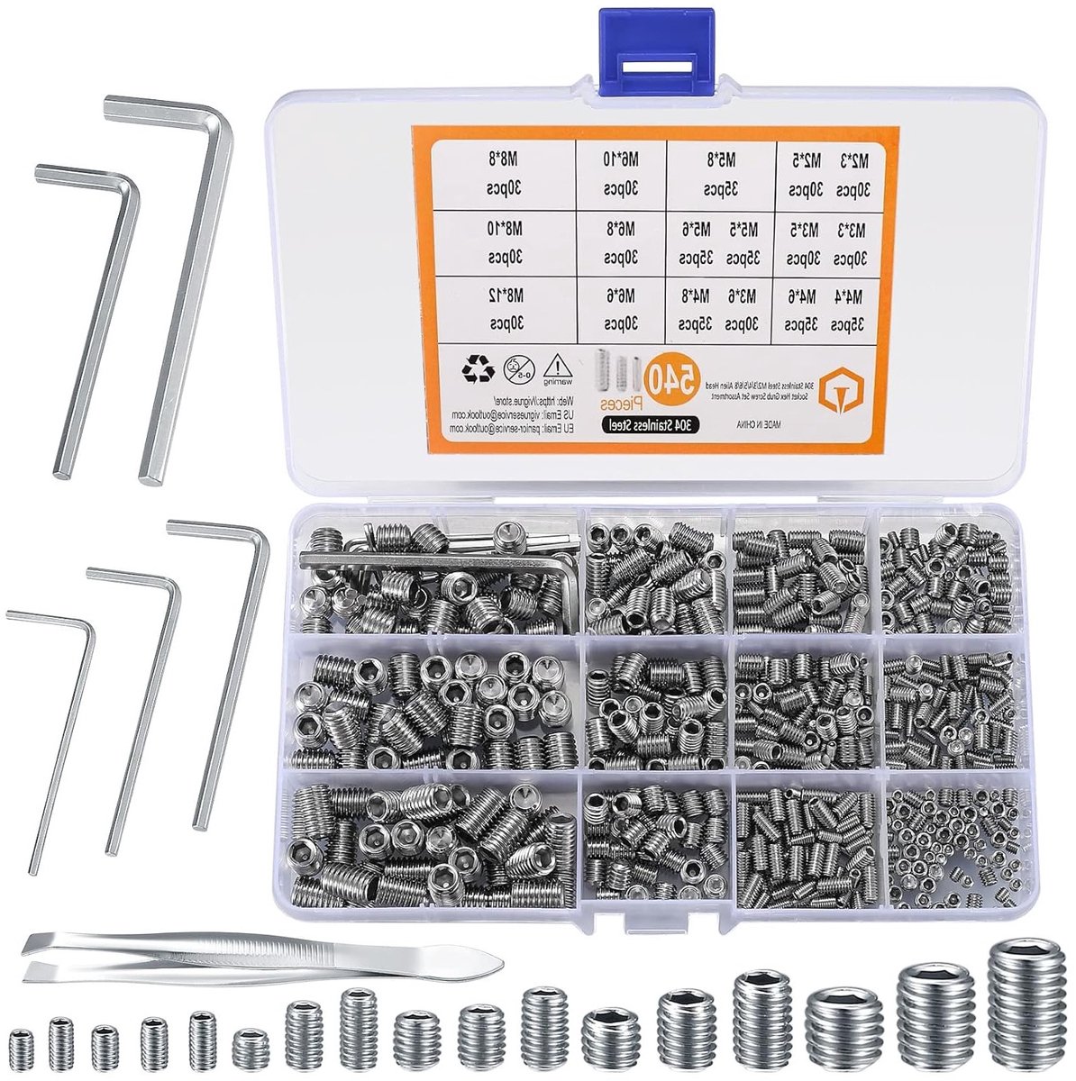 Complete Set van 540 Roestvrijstalen Hex Schroeven M2 tot M8 - Assortiment voor Deuren, Kranen en Meubels