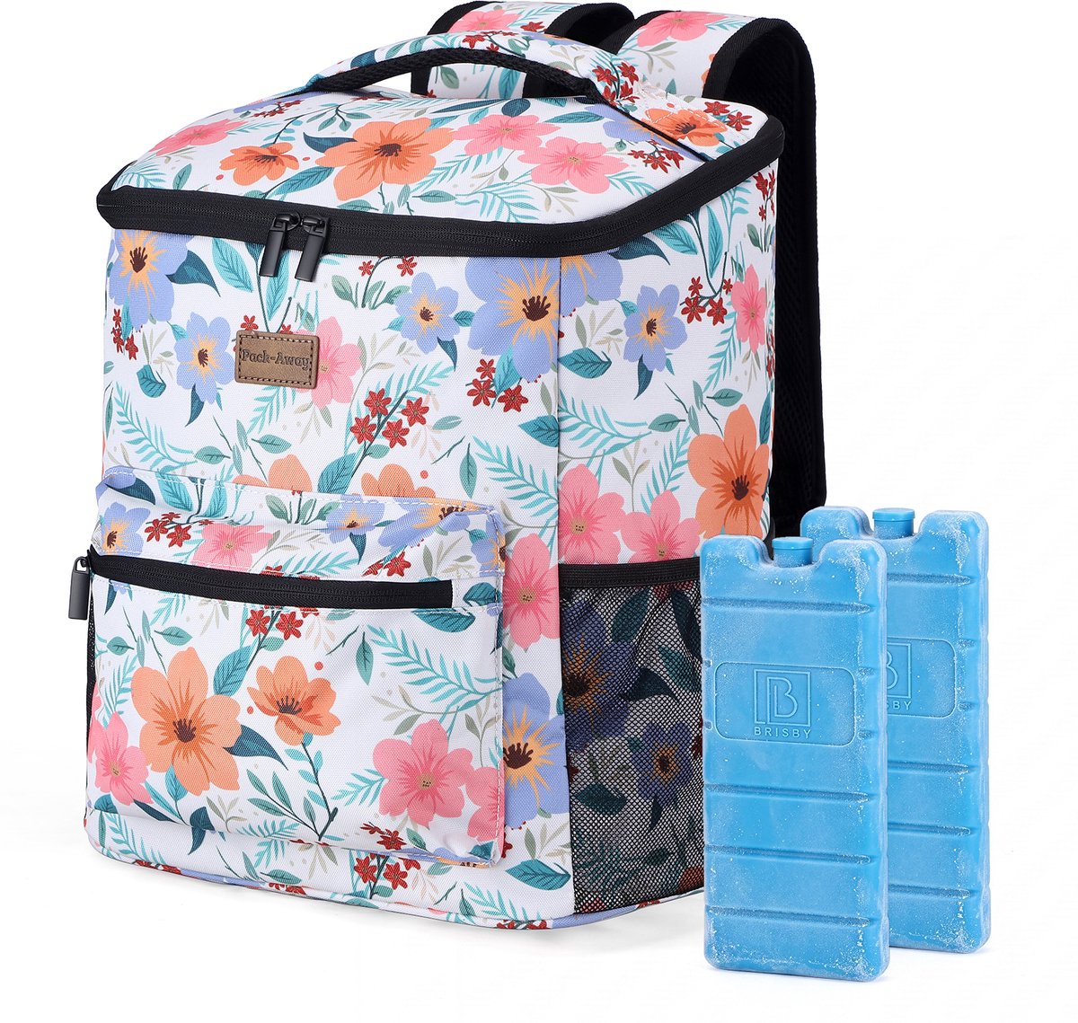 Packaway Koeltas Rugzak 25L - Incl. 2 gratis koelelementen - Incl. gratis flessenopener - Waterafstotend - Anti diefstal vak - 4 Laags geïsoleerd - Pastel Blossom