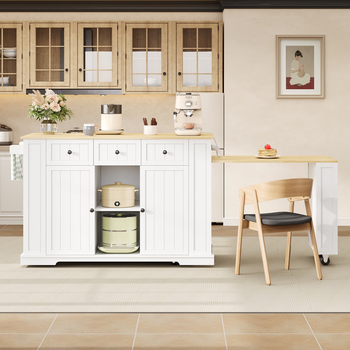 STILVORA Eettafel - Uitschuifbare Keukeninsel Met Opbergruimte En Stopcontacten - Voor Keuken En Eethoek - MDF - 138 213x55x93 Cm - Wit;Naturel