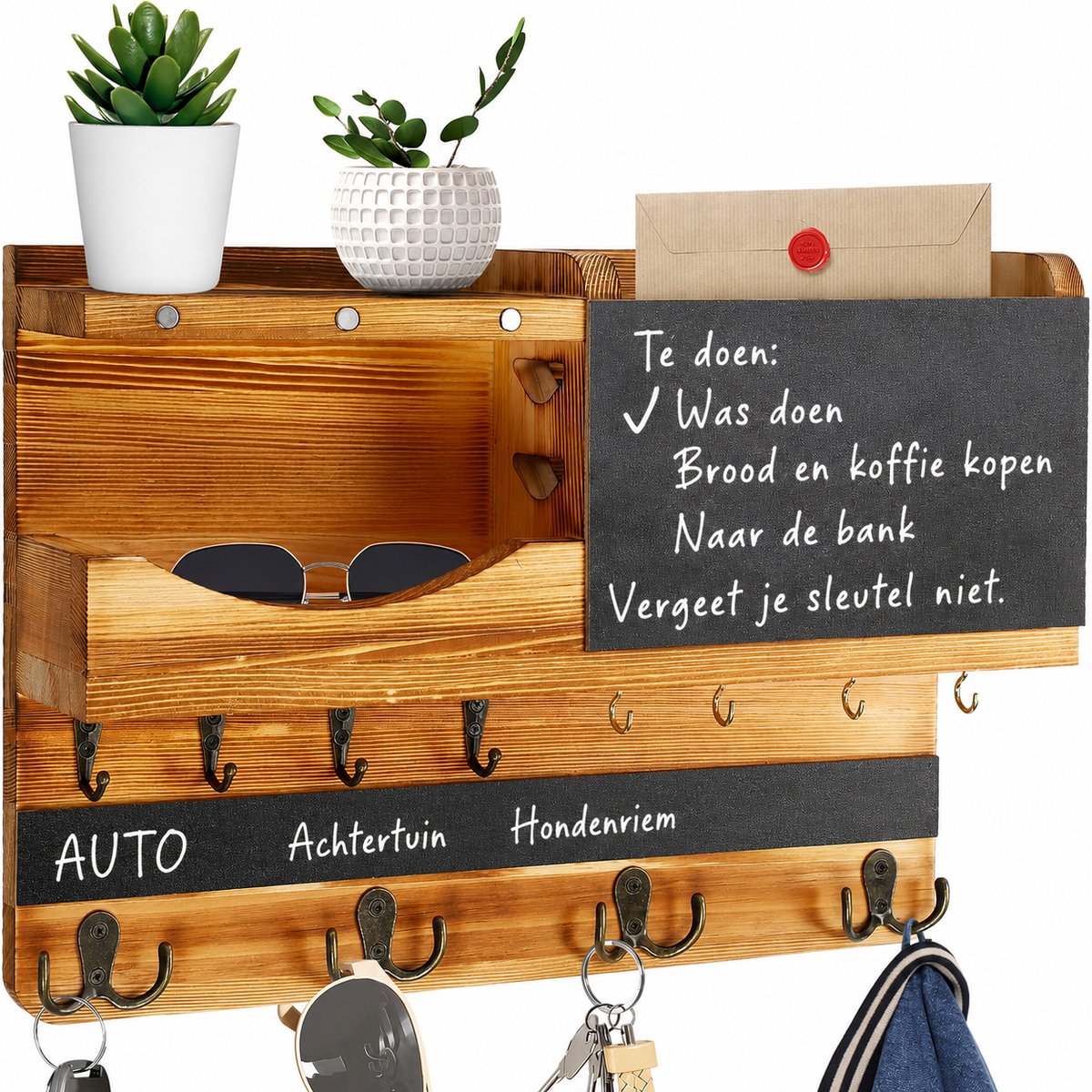 Sleutelrekje Wand met Memobord - Sleutelrek met haken - Sleutelhouder met postvak - Sleutelbord - Sleutelkastje - Sleutelhouder muur - Sleutelrek met Plank - Hout - Wandhaken