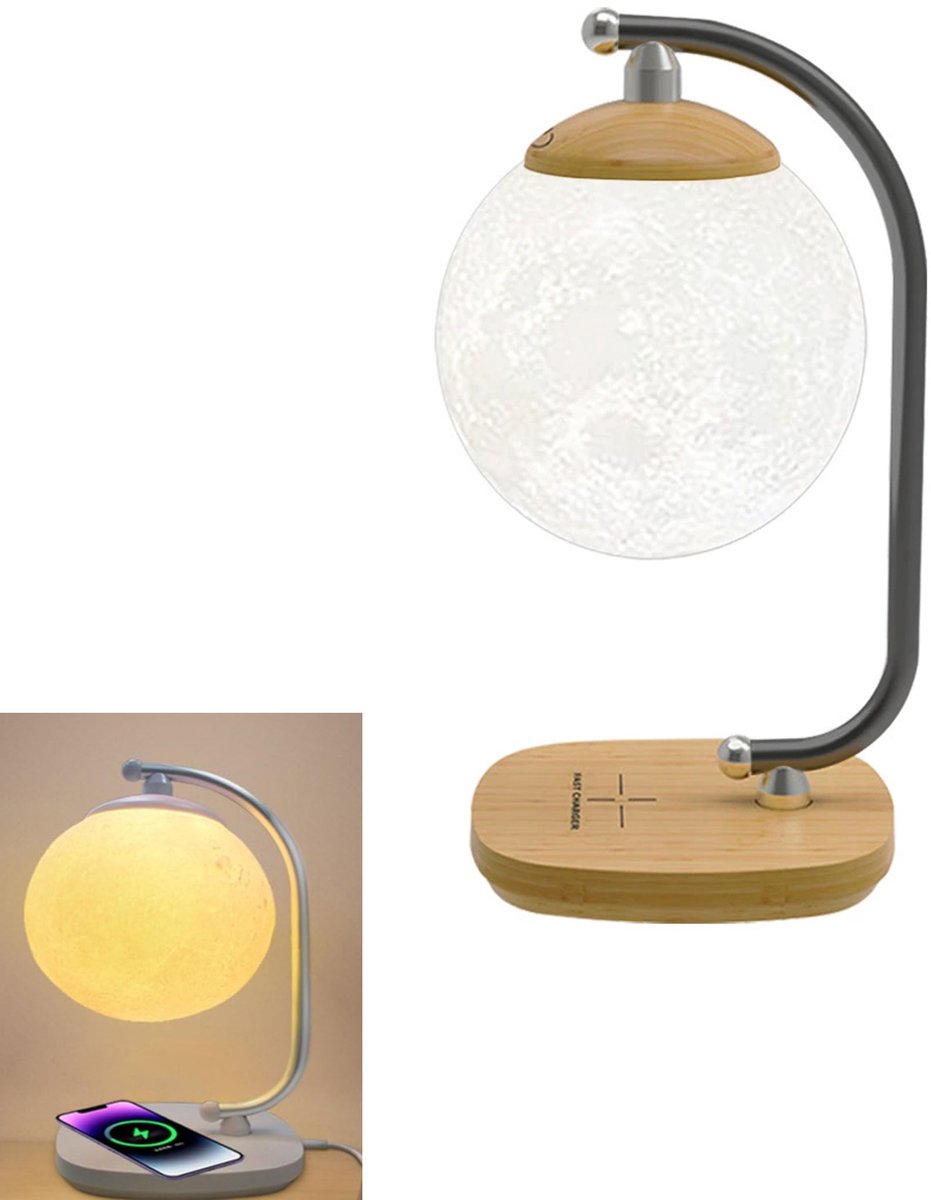 KZQ Maanvormige bureaulamp met draadloos oplaadstation - Touch control en accentverlichting - Ideaal voor slaapkamer woonkamer kantoor en studentenkamer - Houtnerf