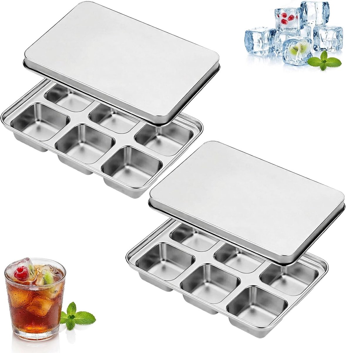 SnelShoppen - RVS IJsblokjes Tray met Deksel 12 Stuks, Grote Vierkante IJsblokjes, BPA-vrij, Premium IJsblokjes Voor Whisky, Cocktails, Feest en Keuke