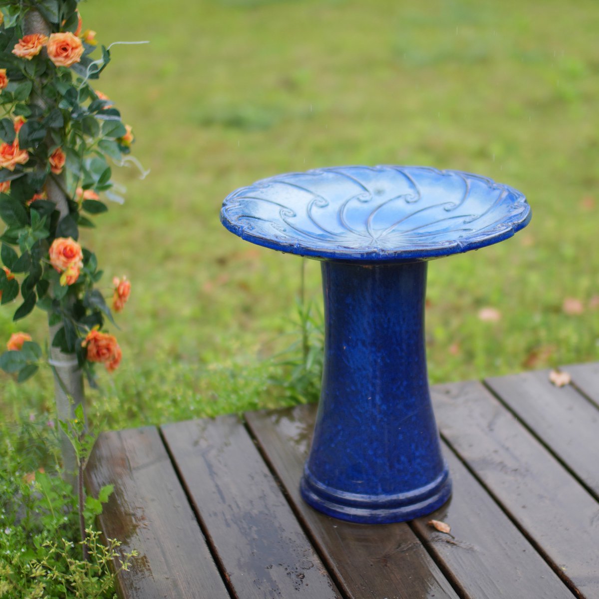 Vogelbad Handgemaakt - O 43 Cm, H 45 Cm - Keramiek - Koningsblauw - Weerbestendig En Vorstbestendig Voor Tuin Terras Balkon