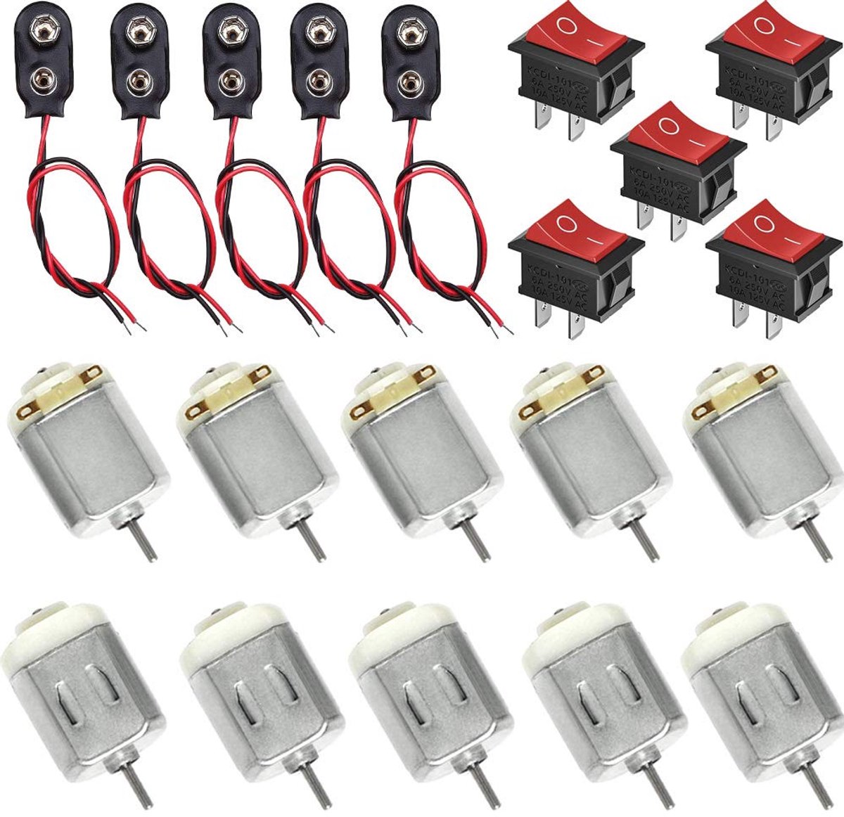 SnelShoppen - 10x Mini Elektrische Motor 130 Micro DC Motor 1.5V-6V 20000rpm + 5 Bootschakelaars + 5 9V Batterij Clip Connector voor Arduino DIY