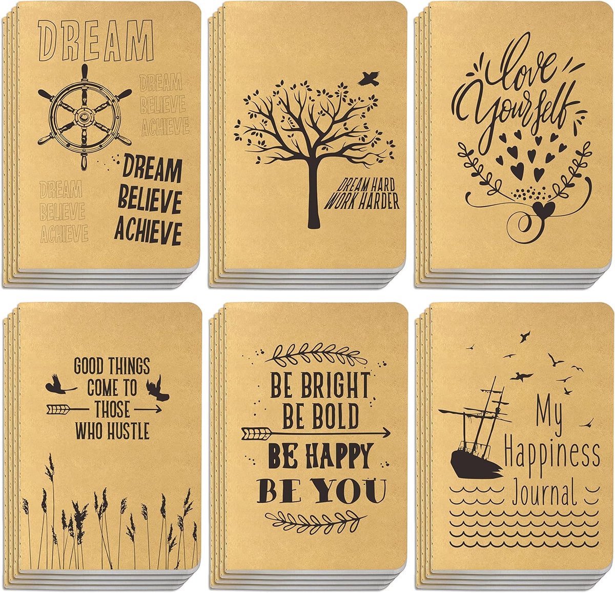 SnelShoppen - Pack van 24 notitieboeken kraftpapier; gelinieerd; 80 pagina's; zakformaat 10 x 14,5 cm; 6 designs voor kantoor, school, thuis, bedrijf