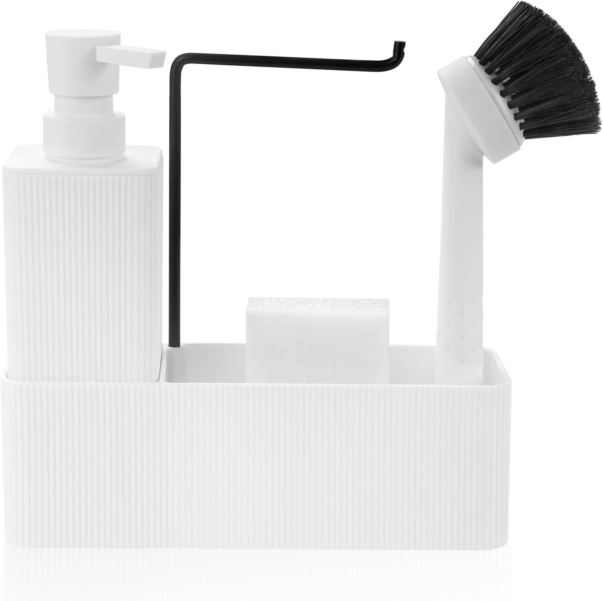 SnelShoppen - Complete Keuken Set met Witte Afwasmiddel Dispenser, Afwasborstel, Spons, Sponshouder en Handdoekrek voor Organisatie in Keuken en Badka