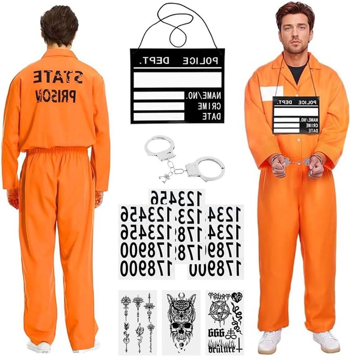 Halloween Kostuum voor Mannen en Vrouwen, Oranje Gevangenis Outfit met Naamlabel en Handboeien, Perfect voor Feestjes en Themapartijen
