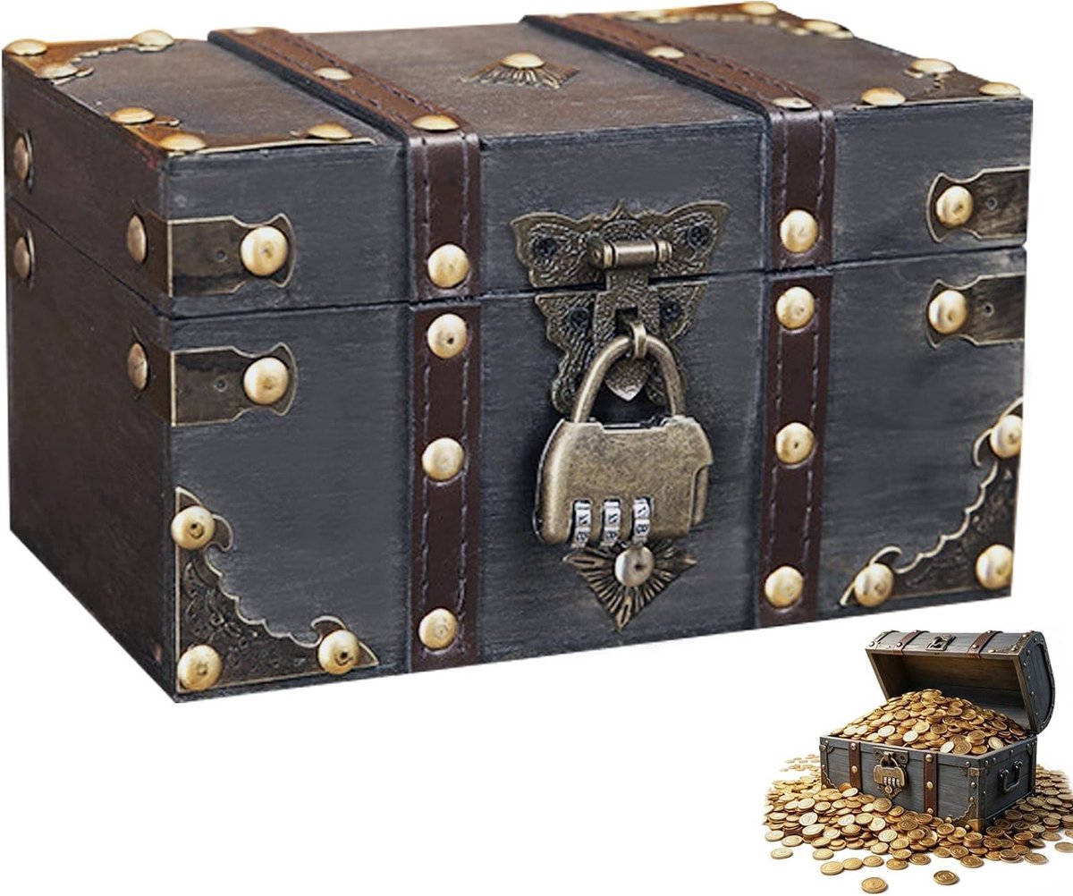 Vintage Houten Schatkist met Slot, 18 x 11 x 10 cm, Piratenkist voor Kinderen, Perfect voor Sieraden, Speelgoed en Decoratie op Verjaardagen of als Cadeau