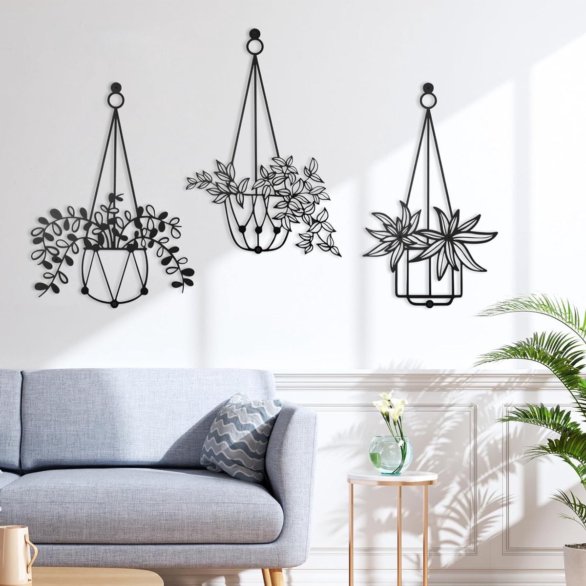 Zwarte Bloemen Wanddecoratie - 3 Stuks Hangende Plantenpotten voor Binnen en Buiten, Perfect voor Woonkamer, Slaapkamer en Keuken