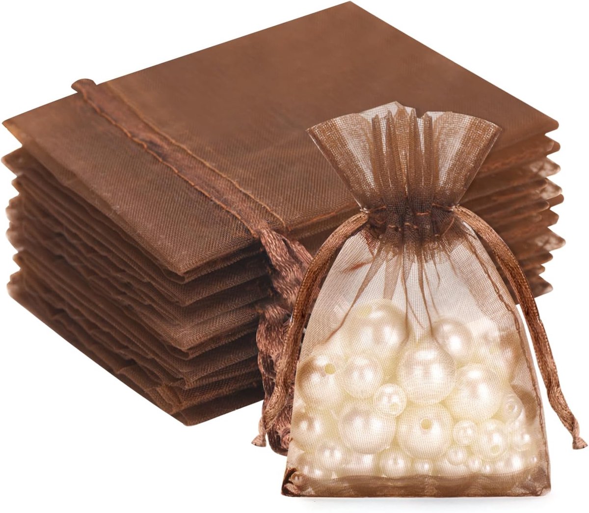 SnelShoppen - 50 Brown Organza Gift Bags 7x9 cm met Trekkoord - Perfect voor Cadeaus, Bruiloften, Valentijnsdag en Meer!