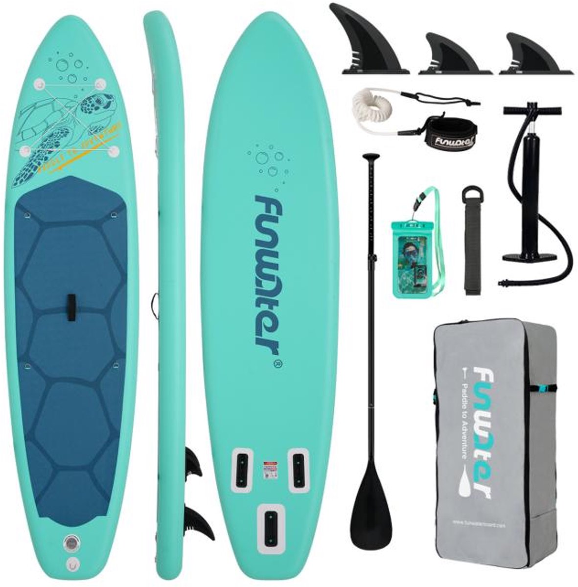 FunWater Stand Up Paddle Board 350x84x15 cm - Opblaasbaar paddleboard voor volwassenen en beginners - Compleet SUP pakket - Enkelwerkende Handpomp - Max.120 KG - Licht mintgroen