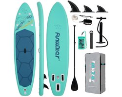 FunWater Stand Up Paddle Board 350x84x15 cm - Opblaasbaar paddleboard voor volwassenen en beginners - Compleet SUP pakket - Enkelwerkende Handpomp - Max.120 KG - Licht mintgroen