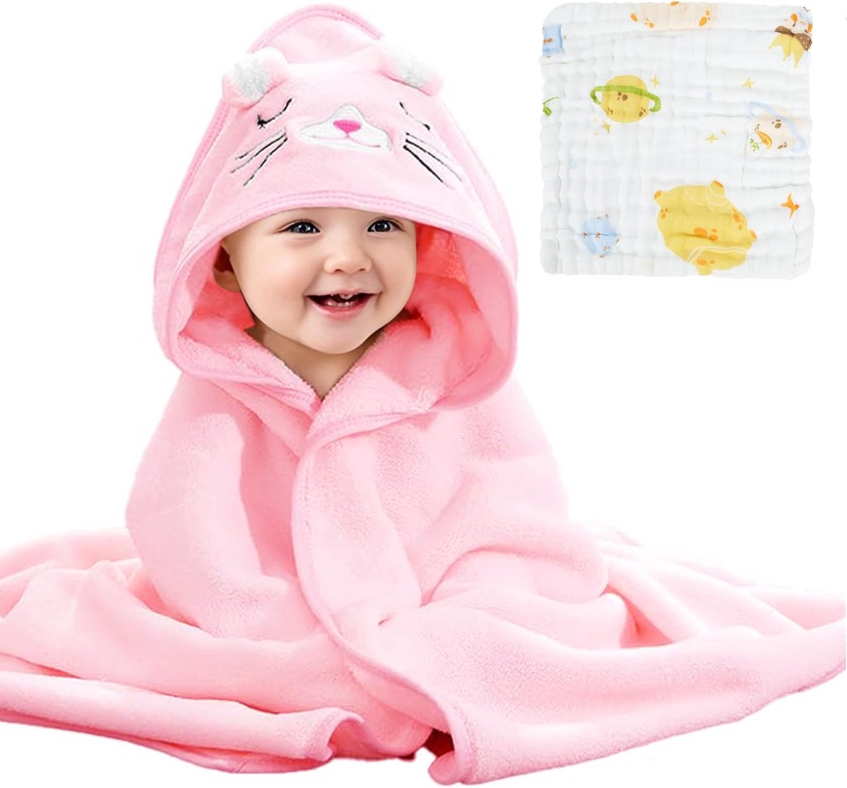 SnelShoppen - Baby badhanddoeken set, 1 kinderhooded badhanddoek + 1 babyhanddoek, super absorberend, 100% katoen, huidvriendelijk, ideaal voor nieuwe