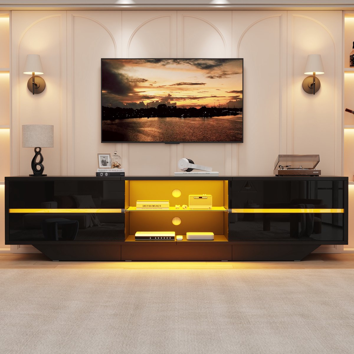 Pugsdrly - TV meubels - 160x35x44,5 cm - Geschikt voor 65-inch tv - Hoogglans Zwart - 2 Deuren, LED-verlichting