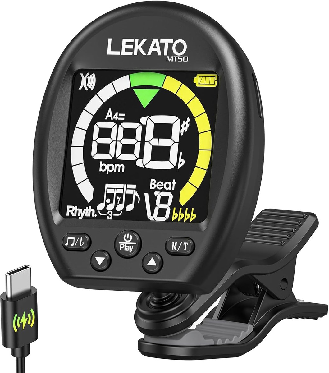 SnelShoppen - 3 in 1 Gitaar Tuner Metronoom en Toon Generator - Oplaadbare Clip-On Stemapparaat voor Gitaar, Bas, Ukulele, Viool met Kleuren Scherm