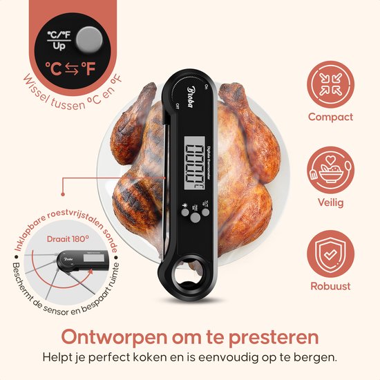 Zwarte digitale thermometer met een openklapbare naald, naast een geroosterde kip. Iconen van compact, veilig en robuust.