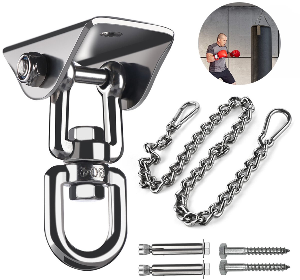 Haak - 360° draaibaar - Met ring - Hanghaak - Bevestigingshaak voor schommel - Geschikt voor het ophangen van zandzakken en hangstoelen - Accessoires voor buitenschommels - Draagvermogen 400 kg - Bevestigingsplaat - Roestvrij staal