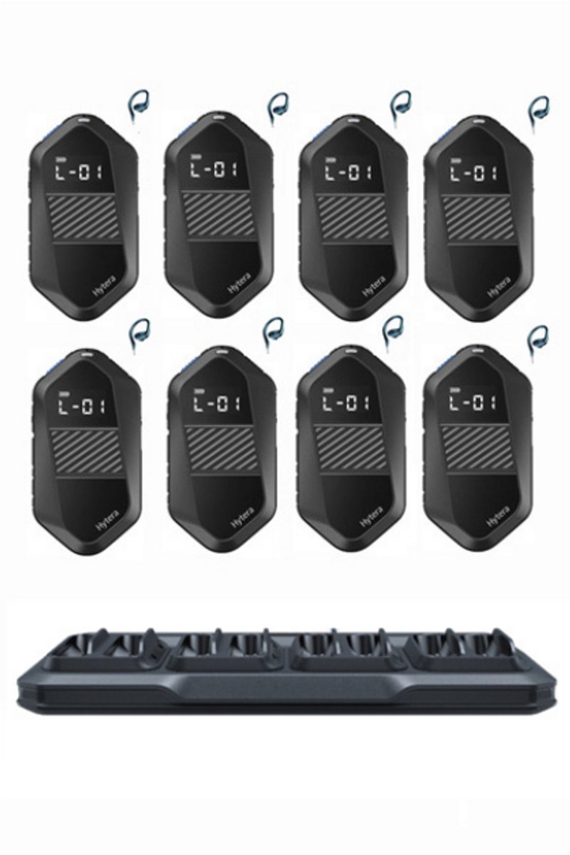 Set van 8 Hytera S1E LF Mini Portofoon vergunning vrij IP67 waterdicht met C-ring oortje en multilader