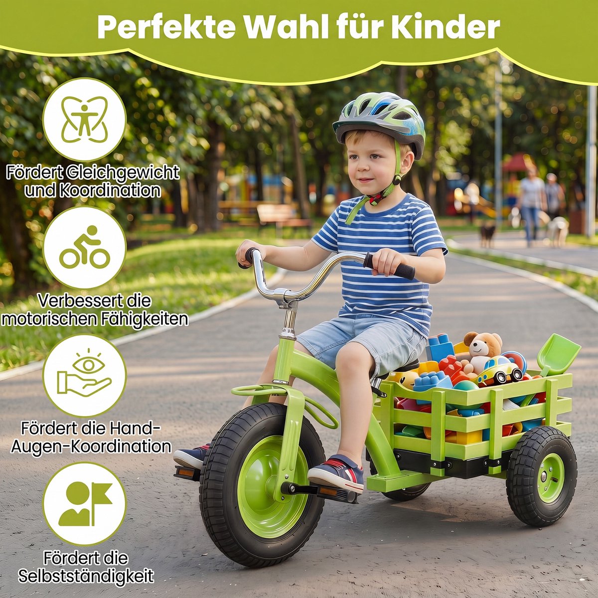 COSTWAY Kinder Driewieler, Loopfiets met aanhanger, verstelbare zitting & stuur (Groen)