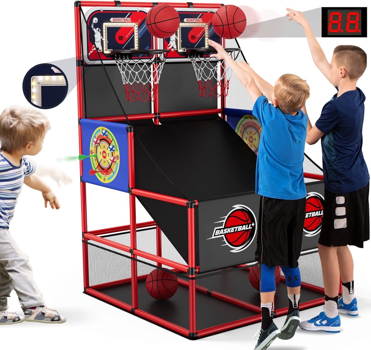SnelShoppen - 3-in-1 Dual Shot Basketball Arcade Game met 2 Dartboards, Elektronische Scorebord en LED Verlichting, Sport Speelgoed voor 2 Spelers, Bi