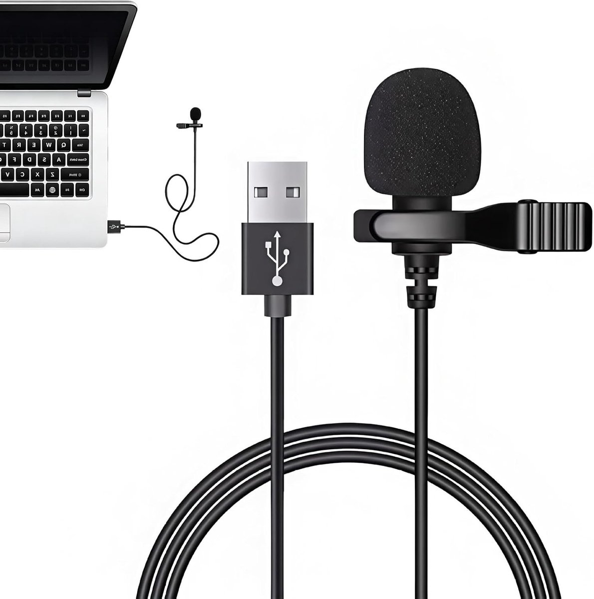 Omnidirectionele condensator clip-on microfoon met 1,5 m kabel voor pc en laptop, ideaal voor gaming, podcasting en interviews, plug & play voor Windows, MacOS en Linux