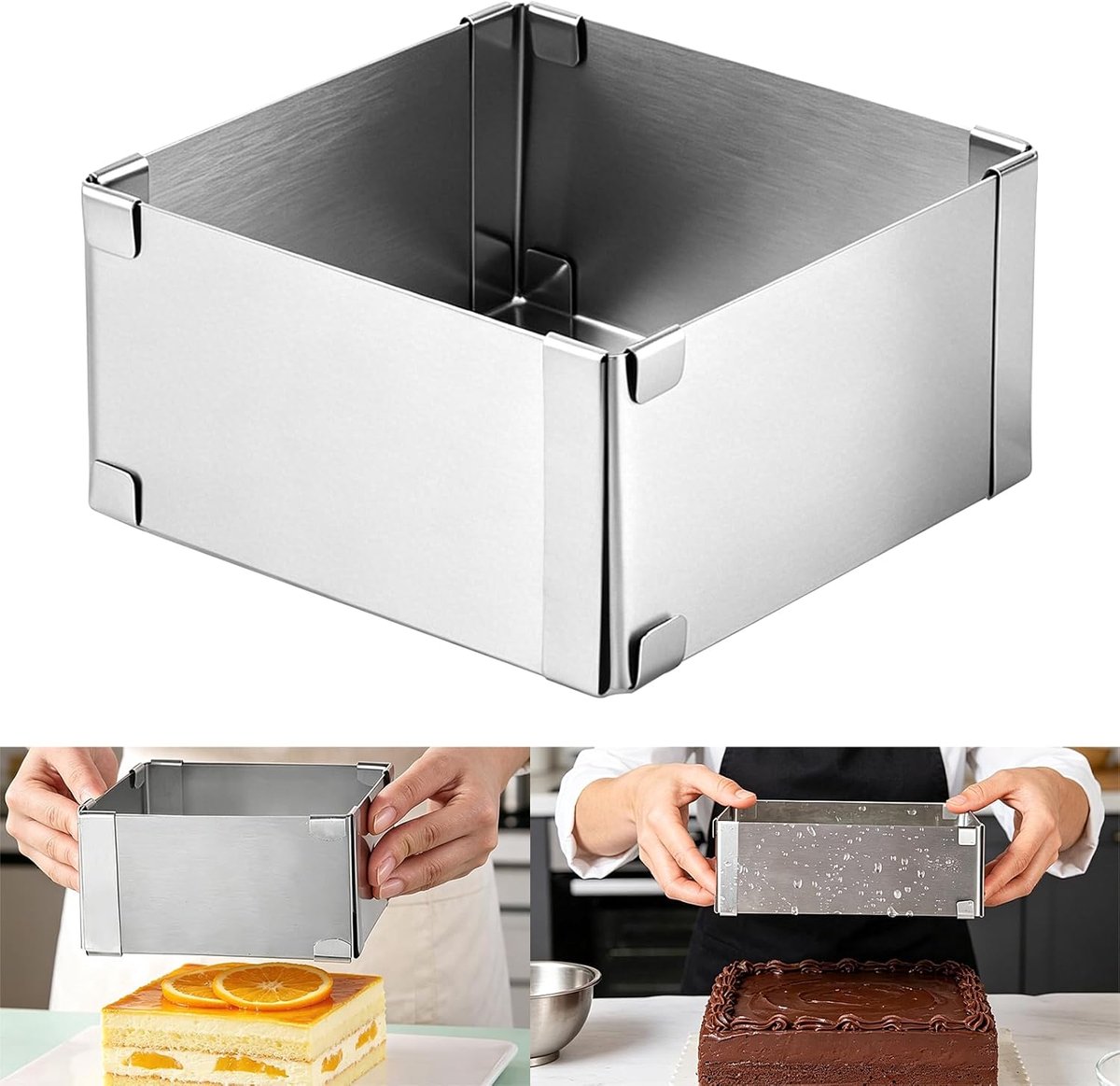 SnelShoppen - Rectangular Baking Frame, Verstelbare Bakvorm, RVS Bakring voor Taarten, Pizza en Cake, Uitbreidbare Bakring voor Keuken en Feesten