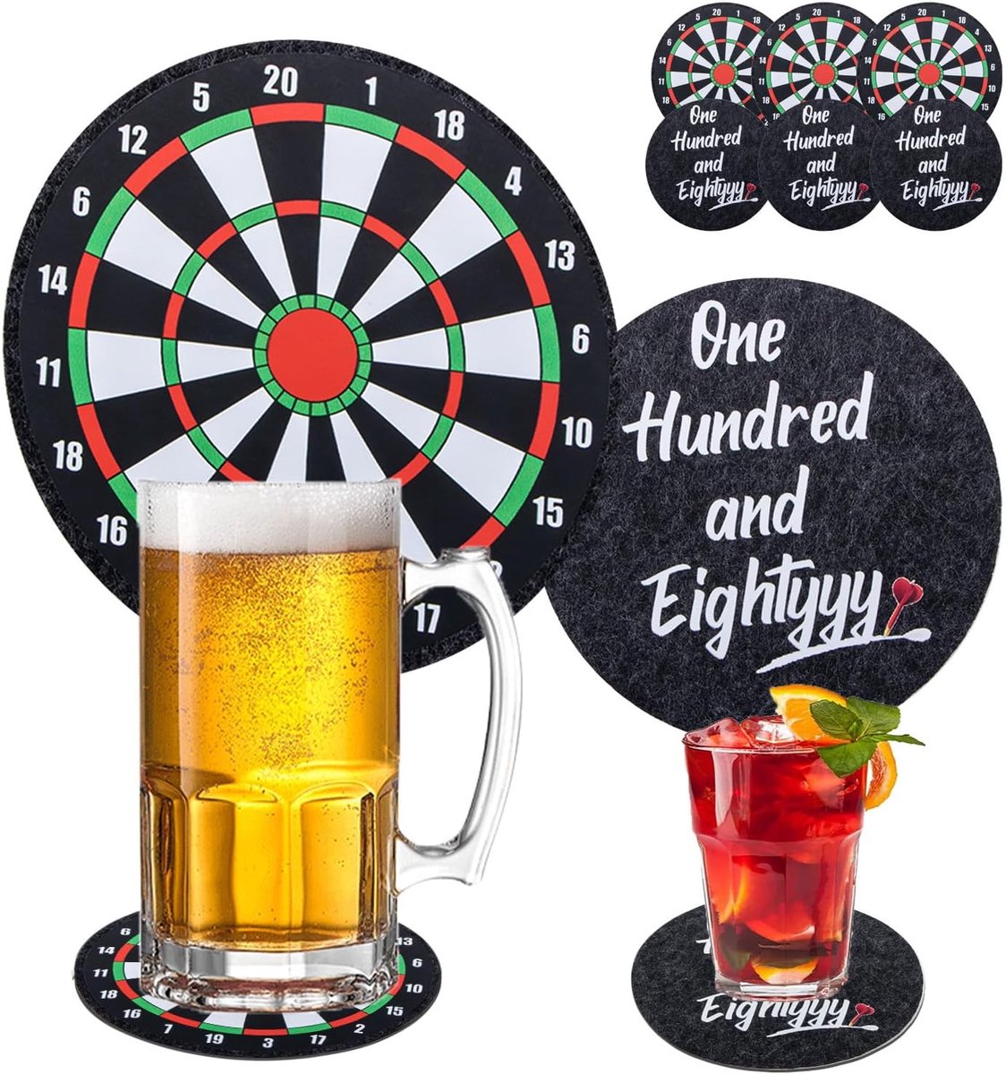 SnelShoppen - Pack van 6 Dart Coasters - Ronde Vilt Coasters voor Glazen met Grappige Tekst en Dartbord Motief - Unieke Dart Cadeaus voor Mannen - Vil