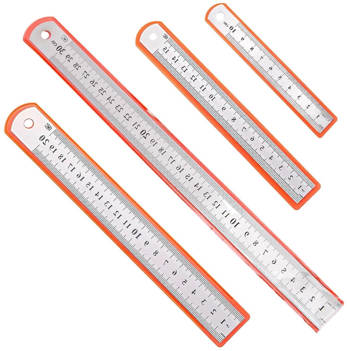 Set van 4 metalen linialen met dubbele schaalverdeling - Precisie linialen voor engineering, onderwijs en kantoor, 10 cm, 15 cm, 20 cm, 30 cm